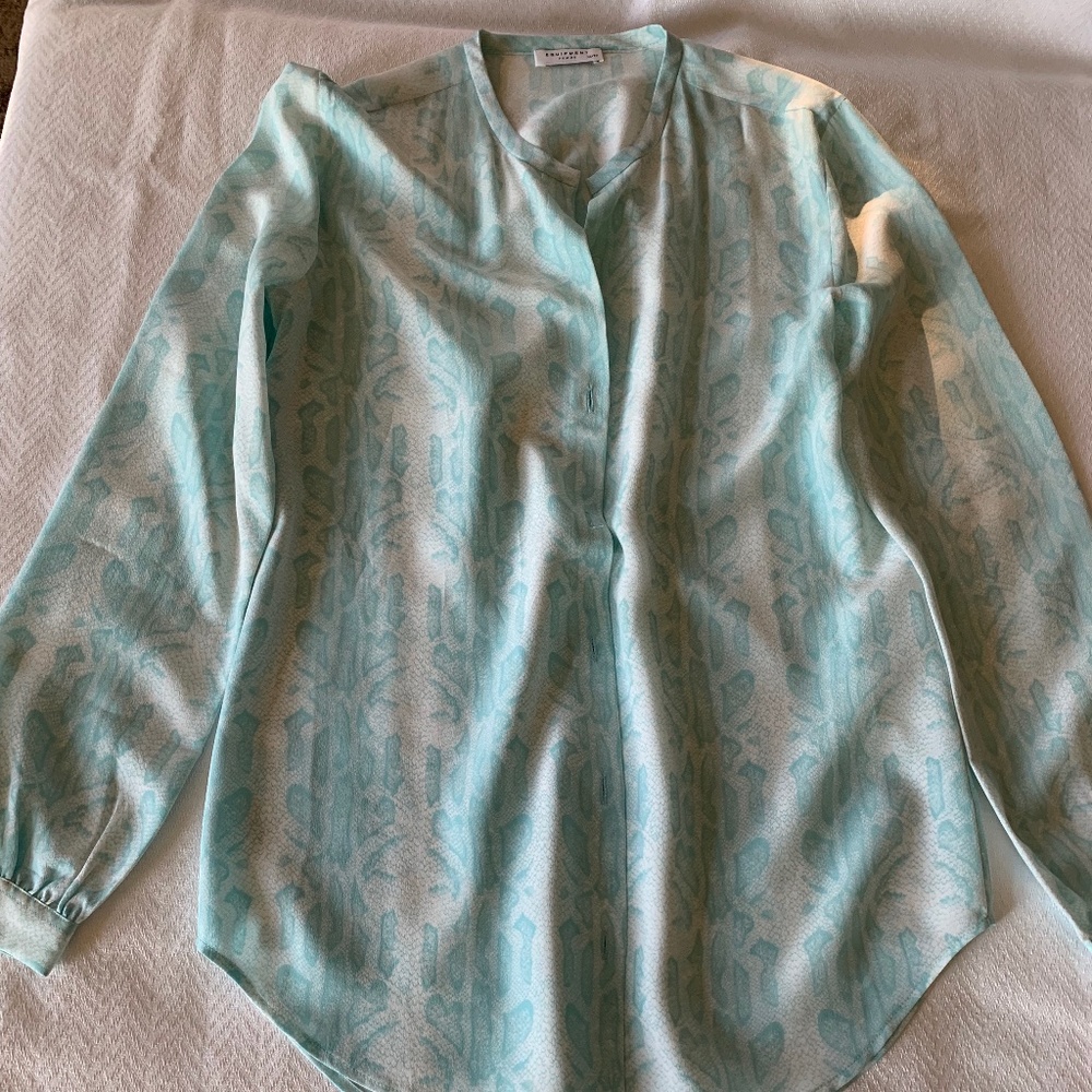 Equipment Silk Long Sleeve Button Down Blouse, Size XS, Teal and White